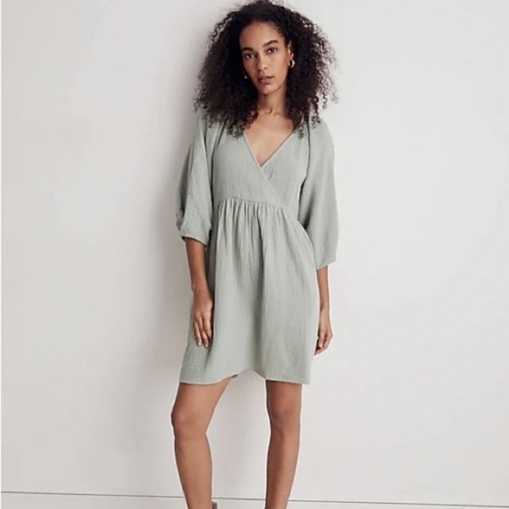 Madewell Puff Sleeve Gauze Cotton Dress NWT Sage Green